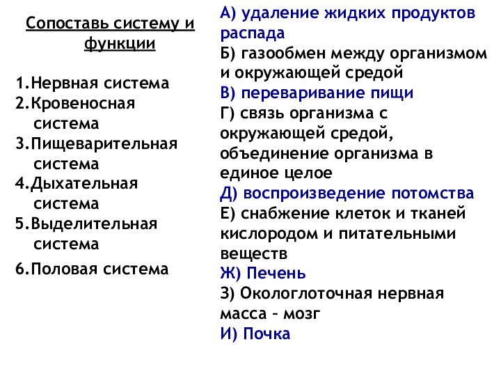 Сопоставь систему и функции1.Нервная система2.Кровеносная система3.Пищеварительная система4.Дыхательная система5.Выделительная система6.Половая система А) удаление