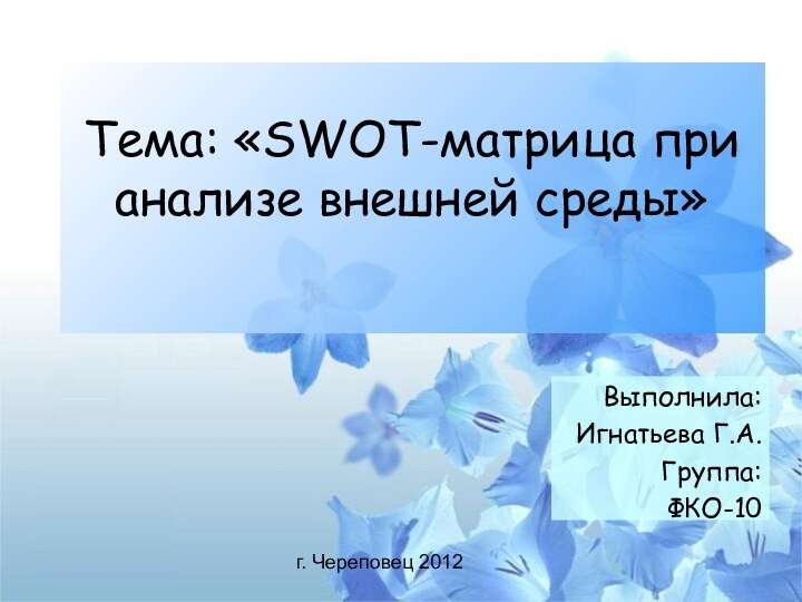 Тема: «SWOT-матрица при анализе внешней среды» Выполнила:Игнатьева Г.А.Группа: ФКО-10г. Череповец 2012