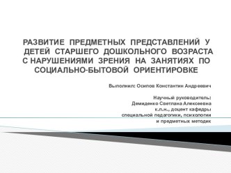 РАЗВИТИЕ  ПРЕДМЕТНЫХ  ПРЕДСТАВЛЕНИЙ  У ДЕТЕЙ  СТАРШЕГО  ДОШКОЛЬНОГО  ВОЗРАСТА  С НАРУШЕНИЯМИ  ЗРЕНИЯ  НА  ЗАНЯТИЯХ  ПО СОЦИАЛЬНО-БЫТОВОЙ  ОРИЕНТИРОВКЕ