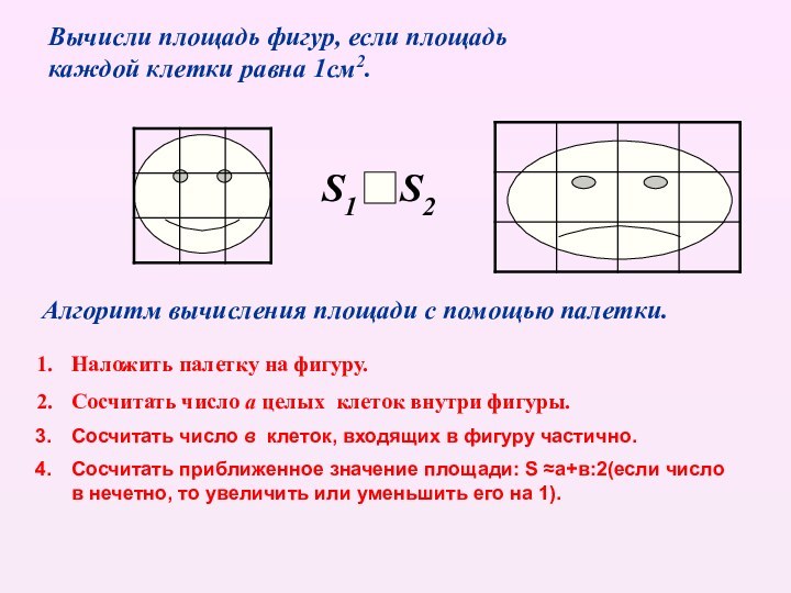 Вычисли площадь фигур, если площадь каждой клетки равна 1см2.Алгоритм вычисления площади с