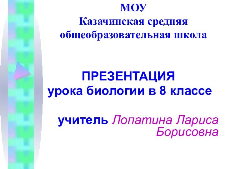 МОУ Казачинская средняя общеобразовательная школаПРЕЗЕНТАЦИЯ урока биологии в 8 классеучитель Лопатина Лариса Борисовна