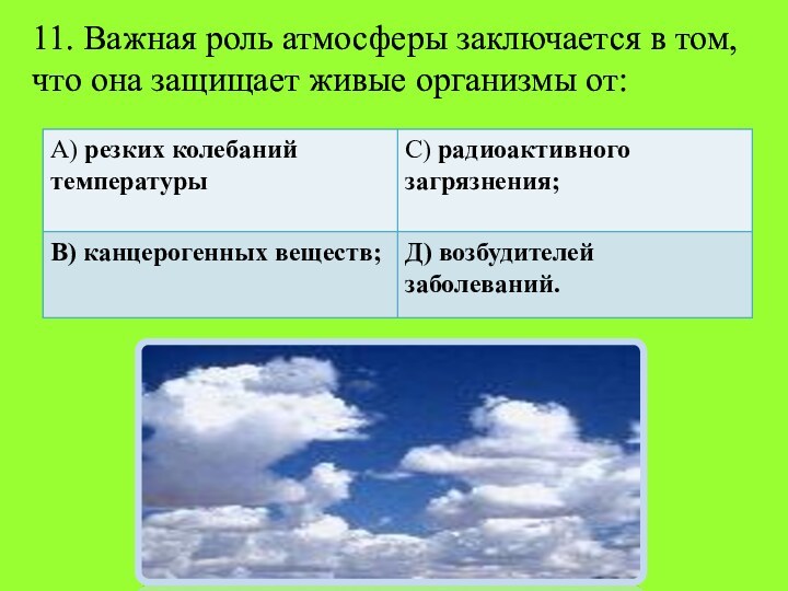 11. Важная роль атмосферы заключается в том, что она защищает живые организмы от: