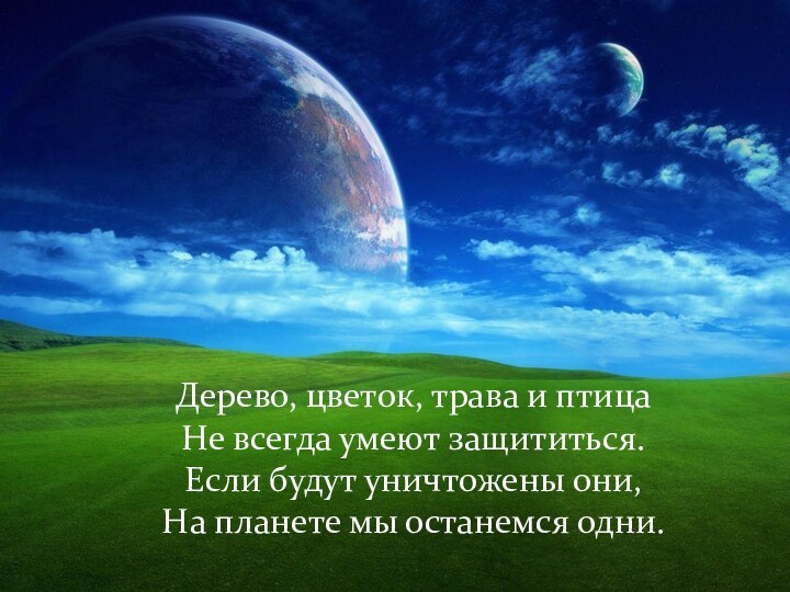 Дерево, цветок, трава и птицаНе всегда умеют защититься.Если будут уничтожены они,На планете мы останемся одни.