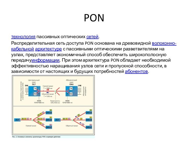 PONтехнология пассивных оптических сетей.Распределительная сеть доступа PON основана на древовидной волоконно-кабельной архитектуре с пассивными оптическими разветвителями на