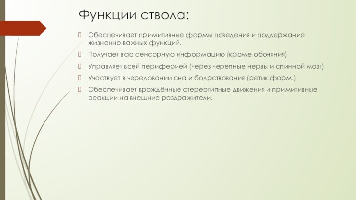 Функции ствола:Обеспечивает примитивные формы поведения и поддержание жизненно важных функций.Получает всю сенсорную