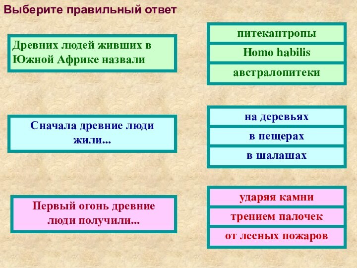 Выберите правильный ответДревних людей живших вЮжной Африке назвалиСначала древние люди жили...Первый огонь