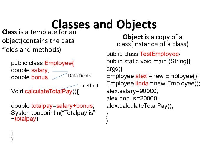 Classes and Objects public class Employee{double salary;double bonus; Void calculateTotalPay(){ double totalpay=salary+bonus;System.out.println(“Totalpay is” +totalpay); }}Object