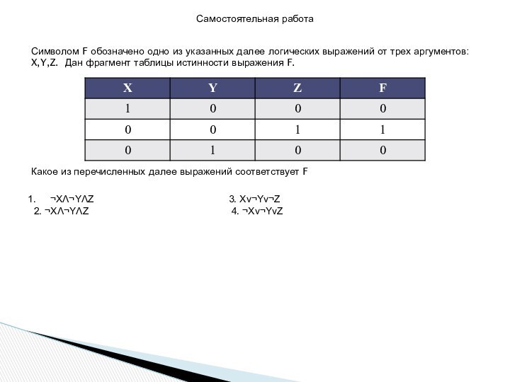 Самостоятельная работаСимволом F обозначено одно из указанных далее логических выражений от трех