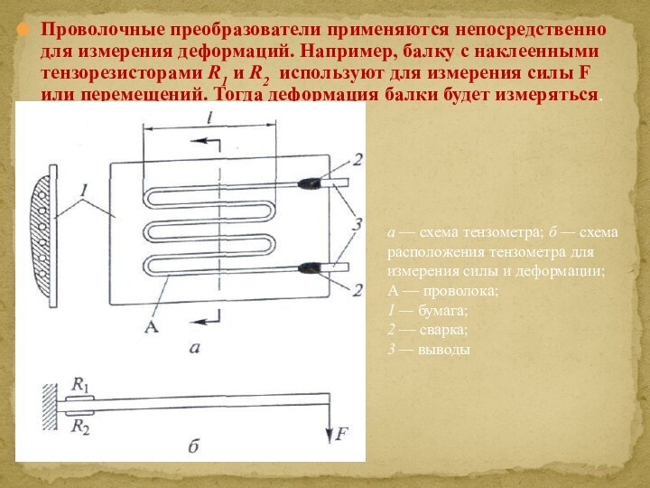 Проволочные преобразователи применяются непосредственно для измерения деформаций. Например, балку с наклеенными тензорезисторами R1 и R2 