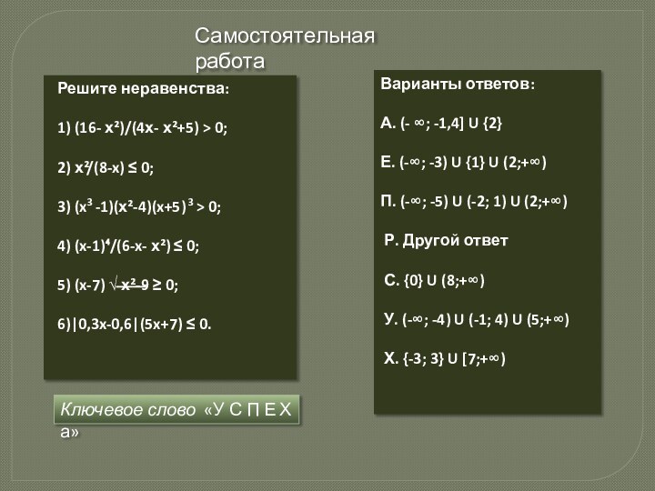 Самостоятельная работа Решите неравенства:  1) (16- х²)/(4х- х²+5) > 0; 2)