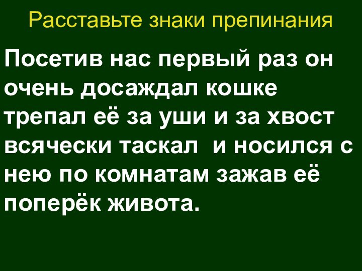 Расставьте знаки препинанияПосетив нас первый раз он очень досаждал кошке трепал её