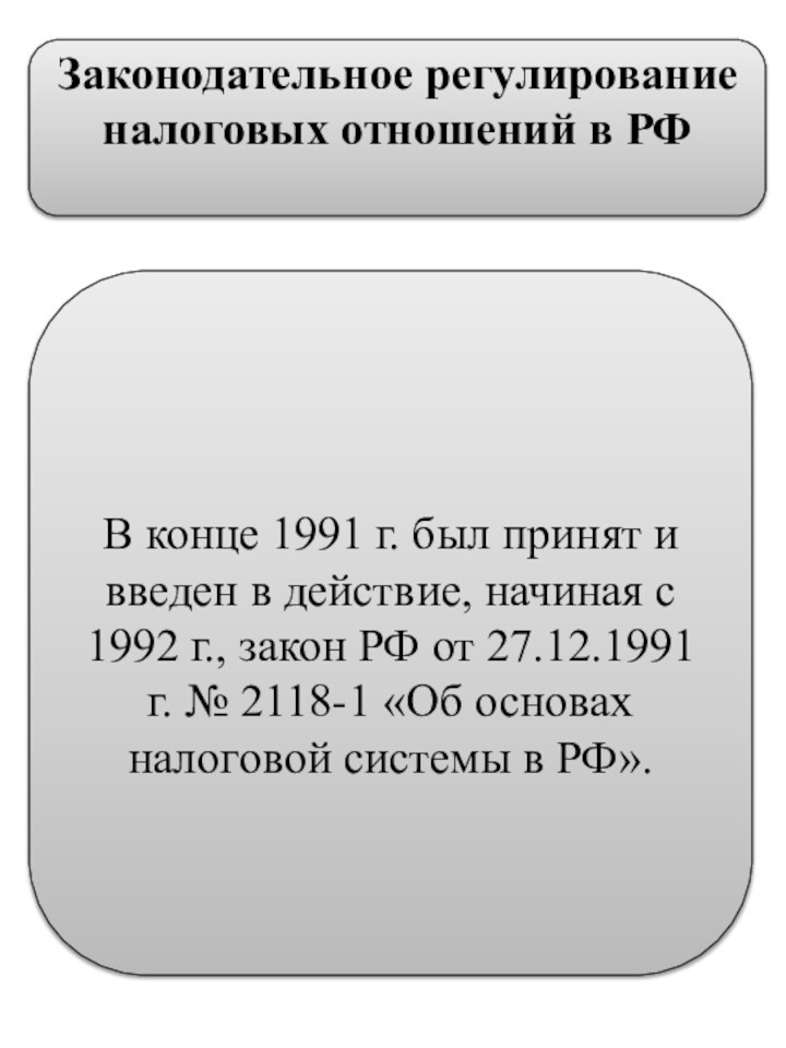 Законодательное регулирование налоговых отношений в РФВ конце 1991 г. был принят и