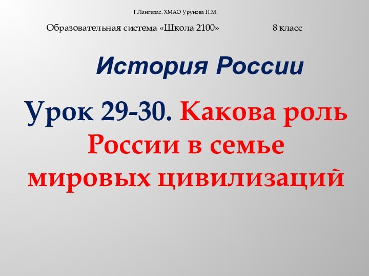 Г.Лангепас. ХМАО Урунова Н.М.     История РоссииОбразовательная система «Школа