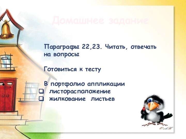 Домашнее заданиеПараграфы 22,23. Читать, отвечать на вопросыГотовиться к тестуВ портфолио аппликации  листорасположение жилкование листьев