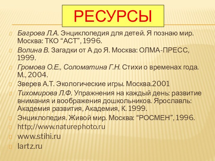 РесурсыБагрова Л.А. Энциклопедия для детей. Я познаю мир. Москва: ТКО “АСТ”, 1996.Волина