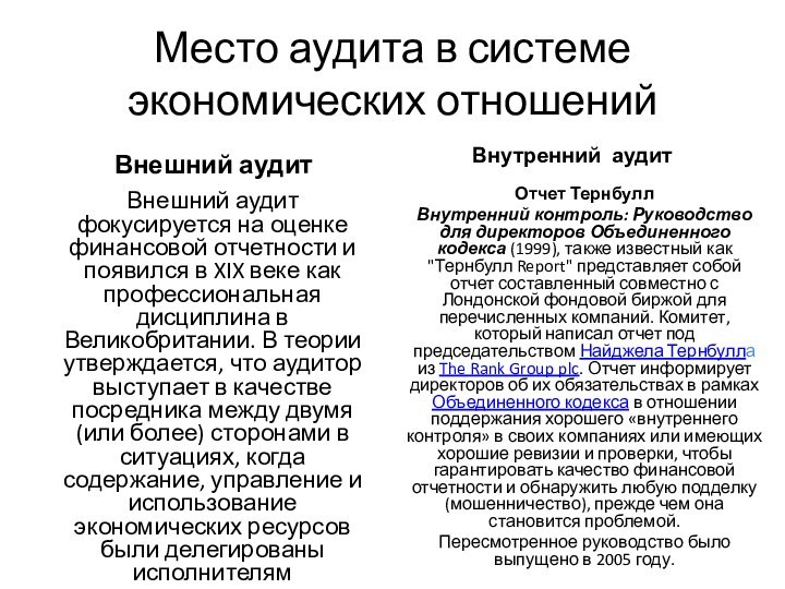 Место аудита в системе экономических отношенийВнешний аудитВнешний аудит фокусируется на оценке финансовой