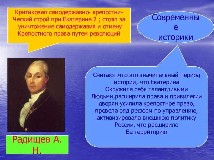 Критиковал самодержавно- крепостни-Ческий строй при Екатерине 2 ; стоял за уничтожение самодержавия