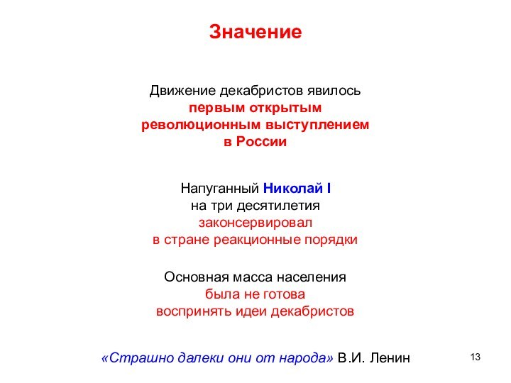 ЗначениеДвижение декабристов явилосьпервым открытымреволюционным выступлениемв РоссииНапуганный Николай Iна три десятилетиязаконсервировалв стране реакционные