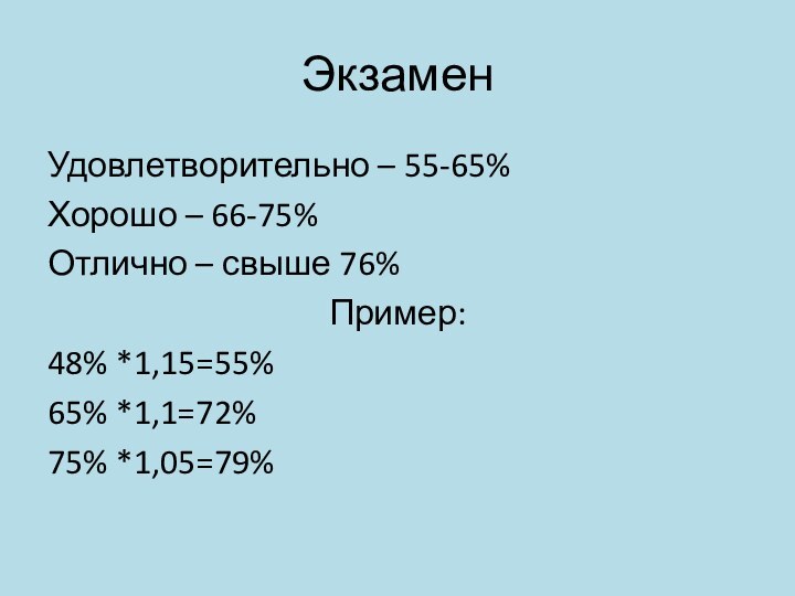 ЭкзаменУдовлетворительно – 55-65%Хорошо – 66-75%Отлично – свыше 76%Пример:48% *1,15=55%65% *1,1=72%75% *1,05=79%