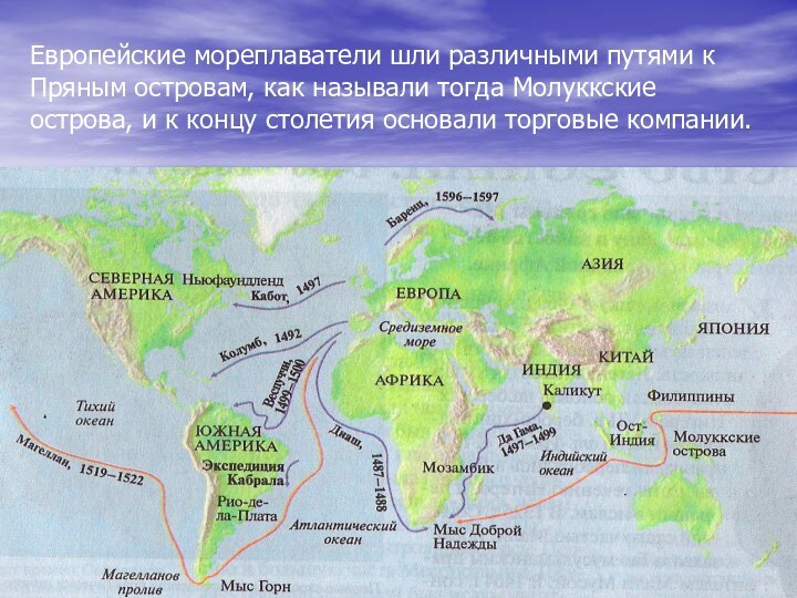 Европейские мореплаватели шли различными путями к Пряным островам, как называли тогда Молуккские