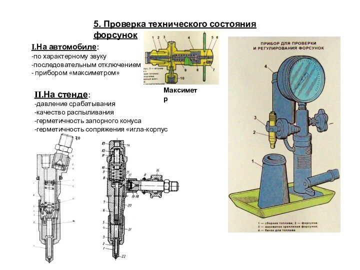 5. Проверка технического состояния форсунокI.На автомобиле:-по характерному звуку-последовательным отключением- прибором «максиметром»МаксиметрII.На стенде:-давление