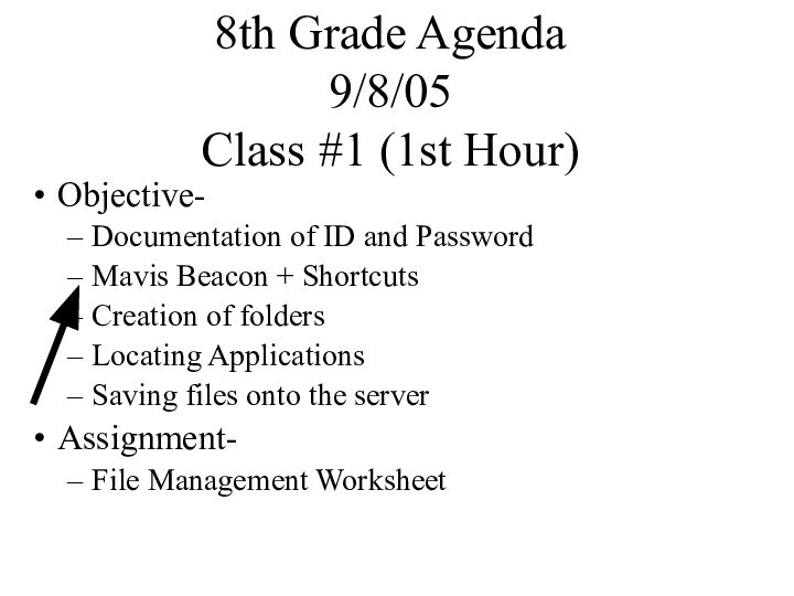 8th Grade Agenda 9/8/05 Class #1 (1st Hour)Objective-Documentation of ID and PasswordMavis