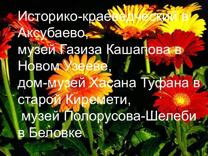 Историко-краеведческий в Аксубаево, музей Газиза Кашапова в Новом Узееве, дом-музей Хасана Туфана