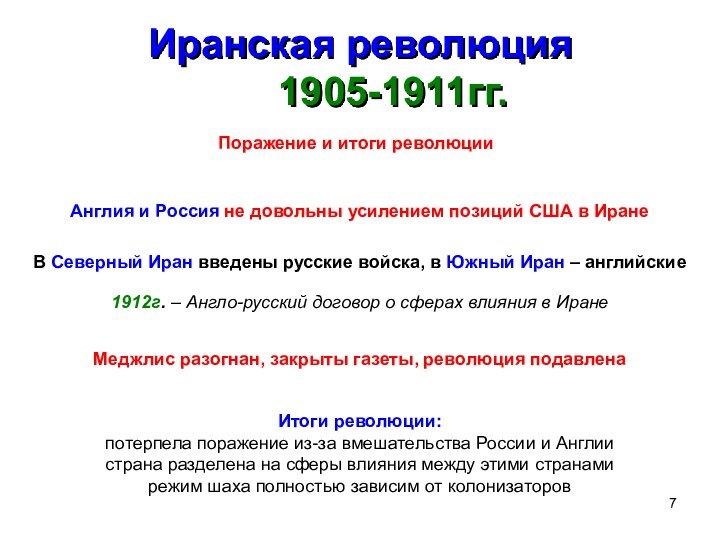 Иранская революция 1905-1911гг.Поражение и итоги революции Англия и Россия не довольны усилением