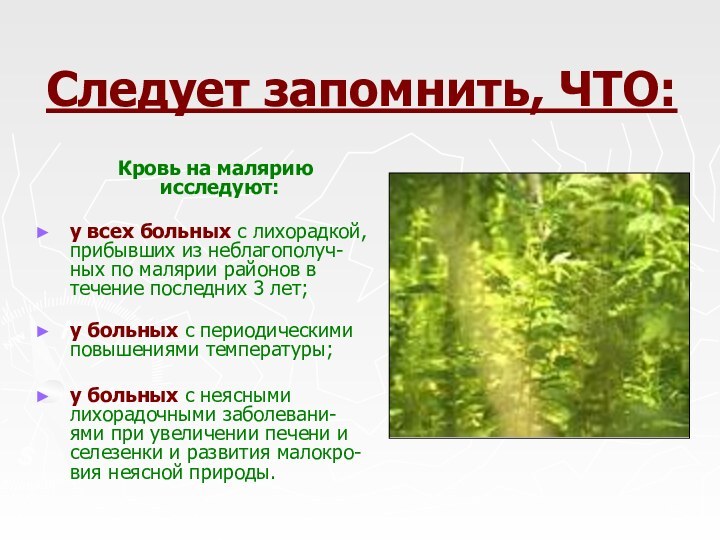 Следует запомнить, ЧТО:  Кровь на малярию исследуют:у всех больных с лихорадкой,