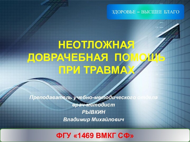 НЕОТЛОЖНАЯ ДОВРАЧЕБНАЯ ПОМОЩЬ ПРИ ТРАВМАХФГУ «1469 ВМКГ СФ»ЗДОРОВЬЕ – ВЫСШЕЕ БЛАГОПреподаватель учебно-методического отделаврач-методистРЫВКИНВладимир Михайлович