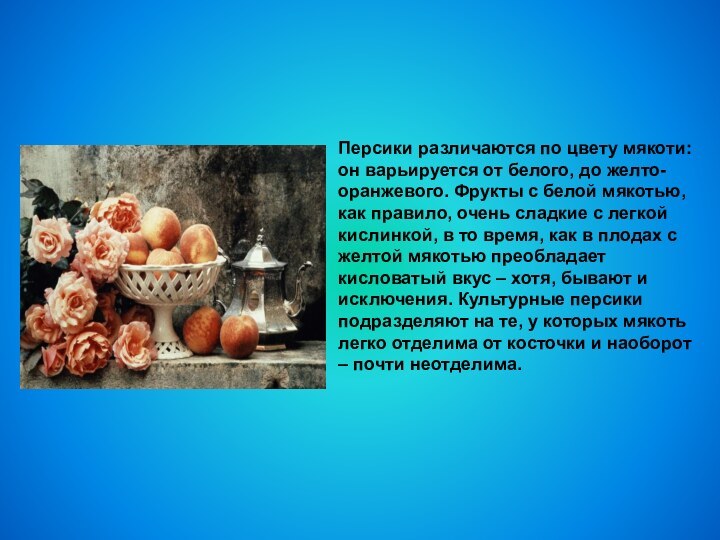 Персики различаются по цвету мякоти: он варьируется от белого, до желто-оранжевого. Фрукты