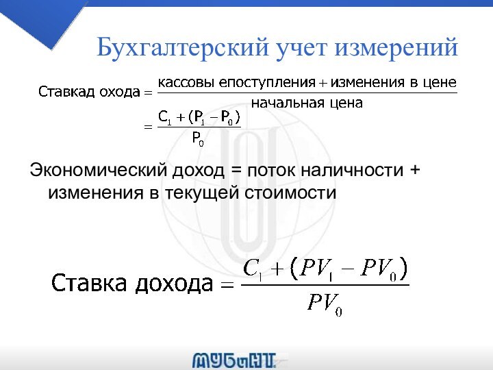 Бухгалтерский учет измеренийЭкономический доход = поток наличности + изменения в текущей стоимости