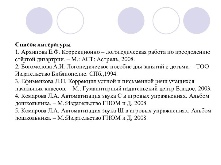 Список литературы1. Архипова Е.Ф. Коррекционно – логопедическая работа по преодолению стёртой дизартрии.