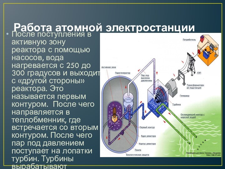 Работа атомной электростанцииПосле поступления в активную зону реактора с помощью насосов, вода