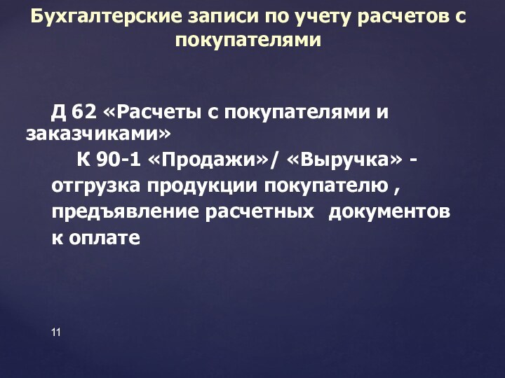 Д 62 «Расчеты с покупателями и 	заказчиками»   	К 90-1 «Продажи»/