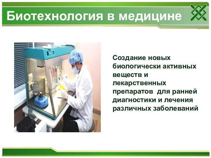 Биотехнология в медицине Создание новых биологически активных веществ и лекарственных препаратов для