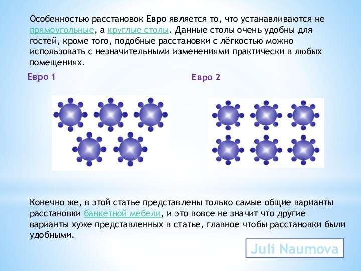 Особенностью расстановок Евро является то, что устанавливаются не прямоугольные, а круглые столы.