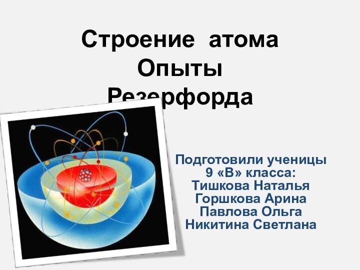 Строение атома Опыты РезерфордаПодготовили ученицы 9 «В» класса:Тишкова НатальяГоршкова АринаПавлова ОльгаНикитина Светлана