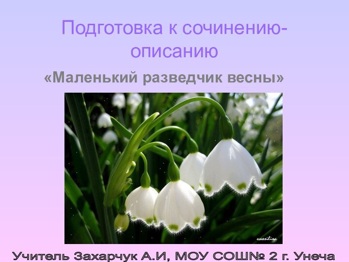 Подготовка к сочинению-описанию«Маленький разведчик весны»Учитель Захарчук А.И, МОУ СОШ№ 2 г. Унеча