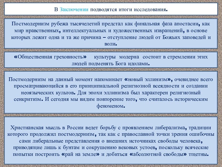 В Заключении подводятся итоги исследования.Постмодернизм рубежа тысячелетий предстал как финальная фаза апостасии,