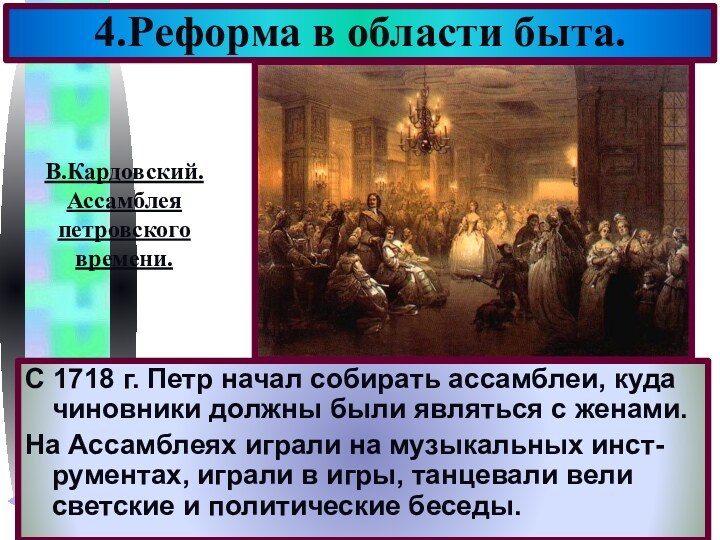 С 1718 г. Петр начал собирать ассамблеи, куда чиновники должны были являться