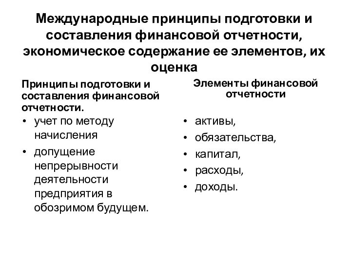 Международные принципы подготовки и составления финансовой отчетности, экономическое содержание ее элементов,