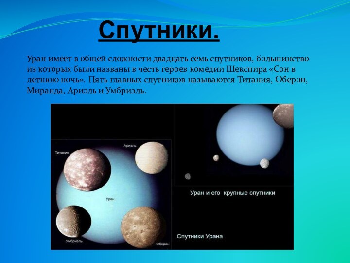 Спутники.Уран имеет в общей сложности двадцать семь спутников, большинство из которых были