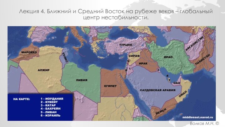 Лекция 4. Ближний и Средний Восток на рубеже веков – глобальный центр нестабильности.Волков М.Н. ©