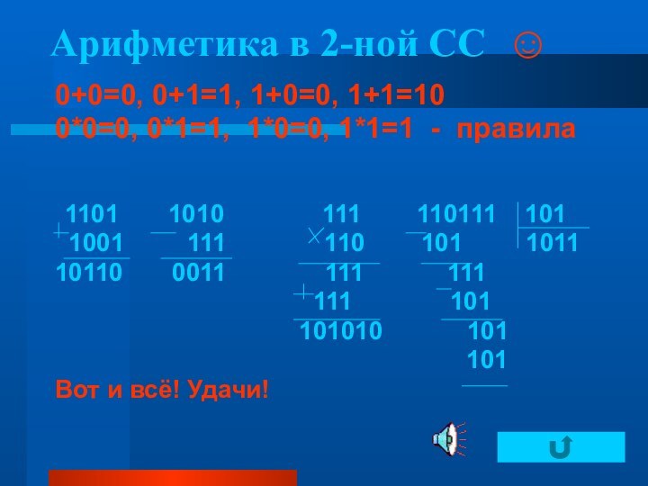 Арифметика в 2-ной СС 0+0=0, 0+1=1, 1+0=0, 1+1=10