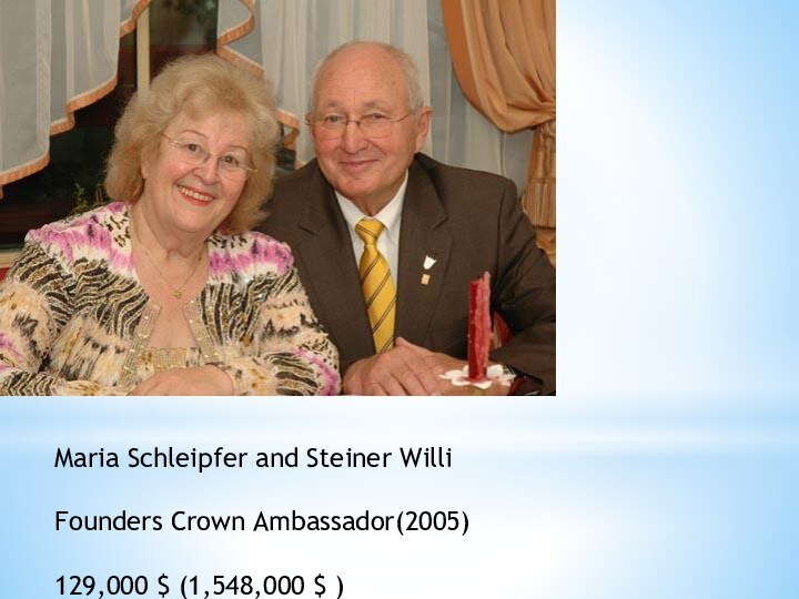 Maria Schleipfer and Steiner WilliFounders Crown Ambassador(2005)129,000 $ (1,548,000 $ )