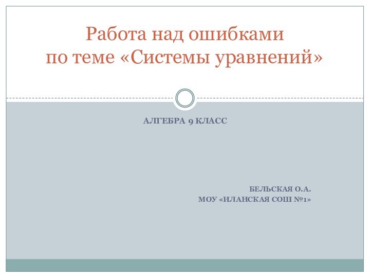 Алгебра 9 классБельская О.А.МОУ «Иланская СОШ №1»  Работа над ошибками  по теме «Системы уравнений»