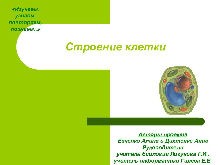 Строение клеткиАвторы проектаЕвченко Алина и Дихтенко АннаРуководителиучитель биологии Логунова Г.И..учитель информатики Гилева Е.Е.«Изучаем,узнаем,повторяем,познаем..»