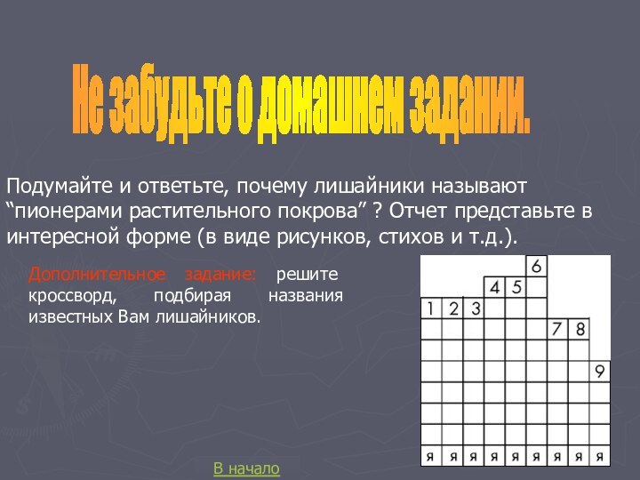 Не забудьте о домашнем задании.Подумайте и ответьте, почему лишайники называют “пионерами растительного