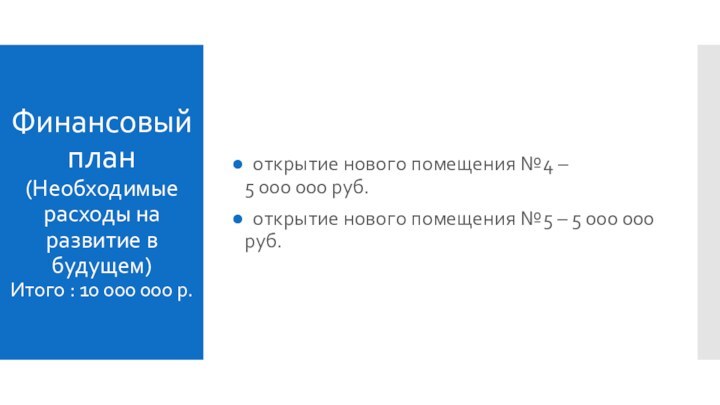 Финансовый план (Необходимые расходы на развитие в будущем) Итого : 10 000